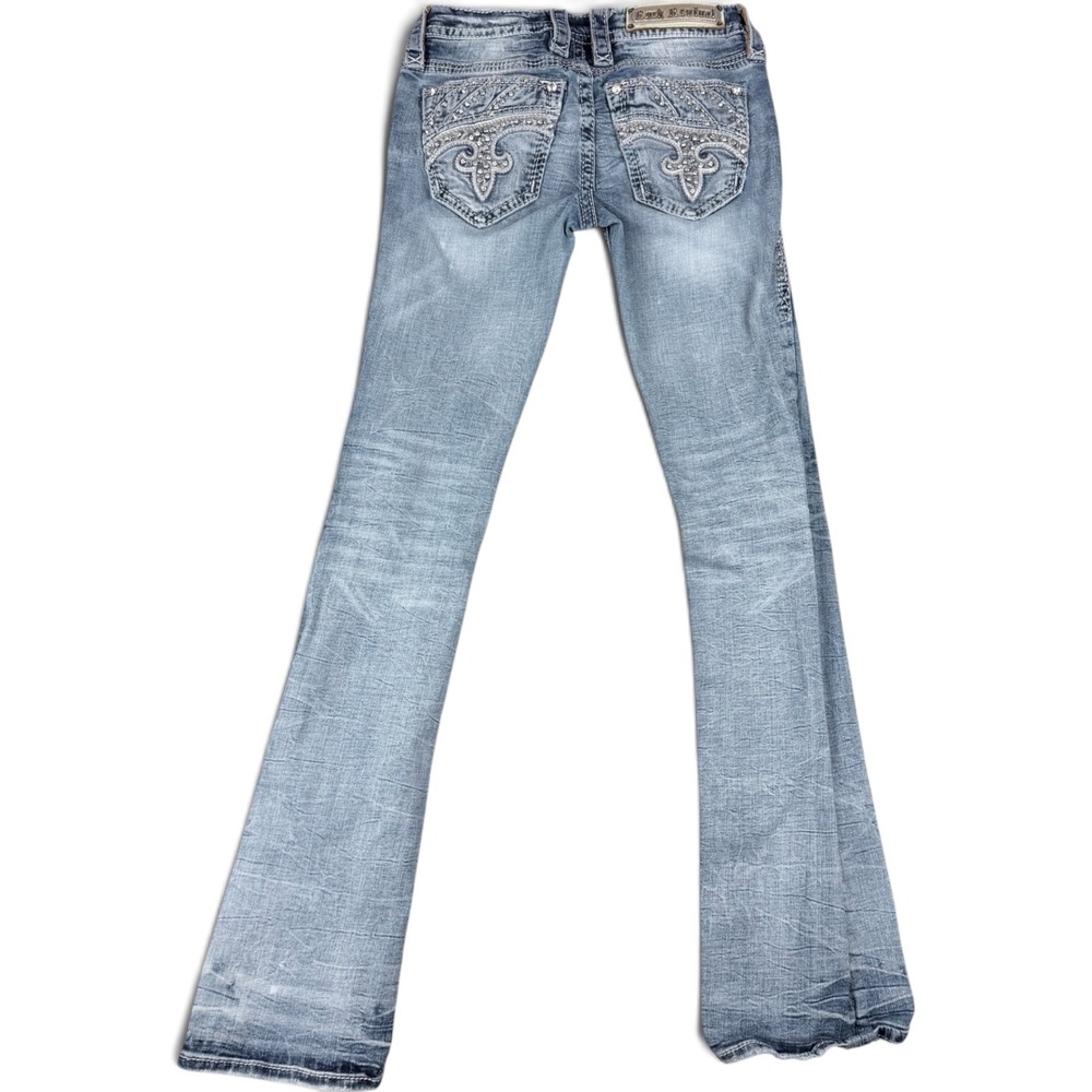 Rock Revival Fenna Bootcut Jeans Light Wash Rhinestone Fleur De Lis Size 25 32L
